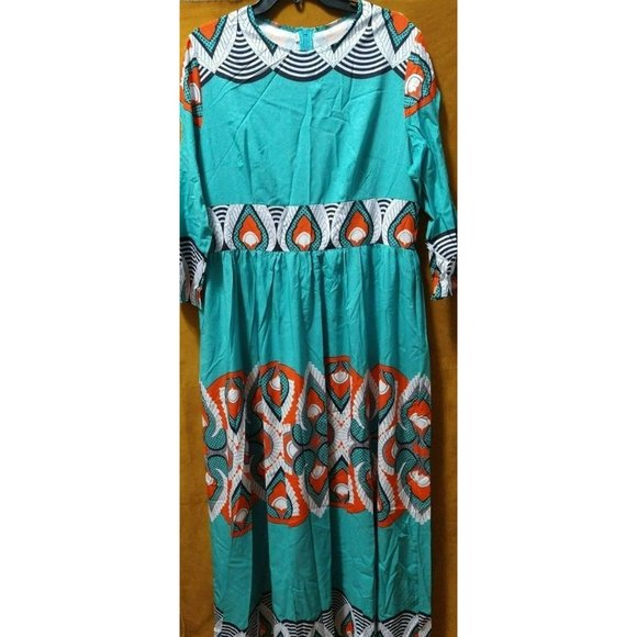 Beautiful abstract Teal summer maxi dress With Cold Shoulder Sleeves Size XL - Picture 2 of 10